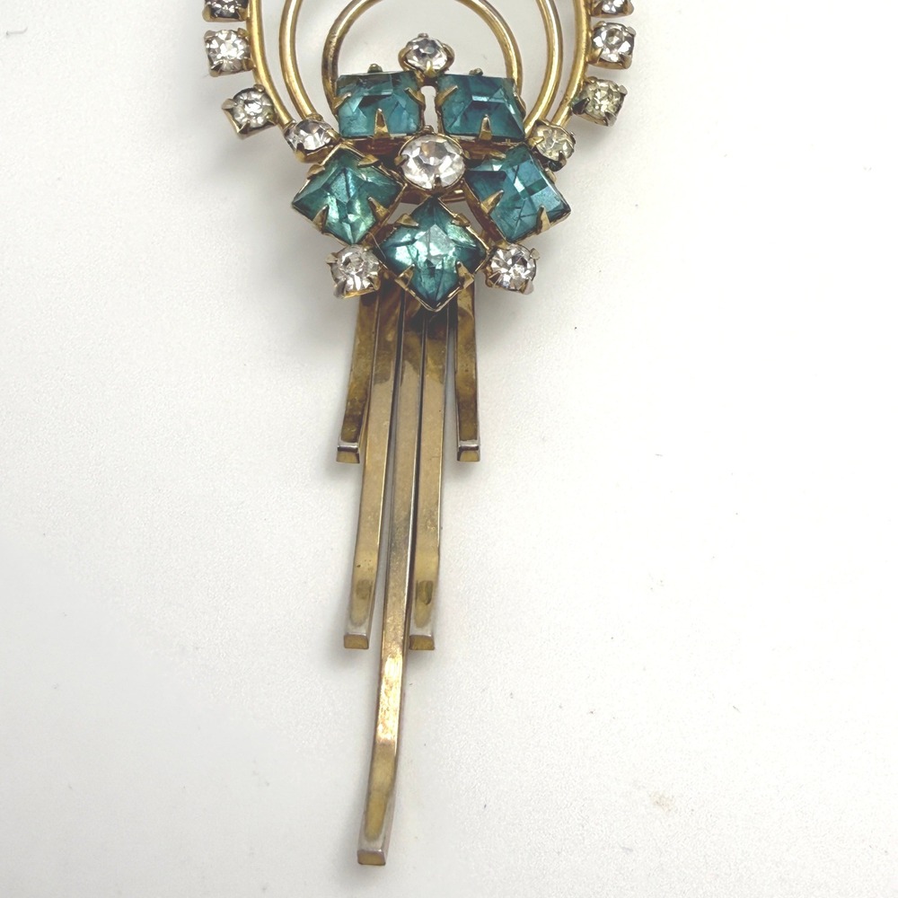 Art Deco Brooch Pendant 40s 50s Women OS Gold Teal Rhinestone Good Vintage - Picture 4 of 11